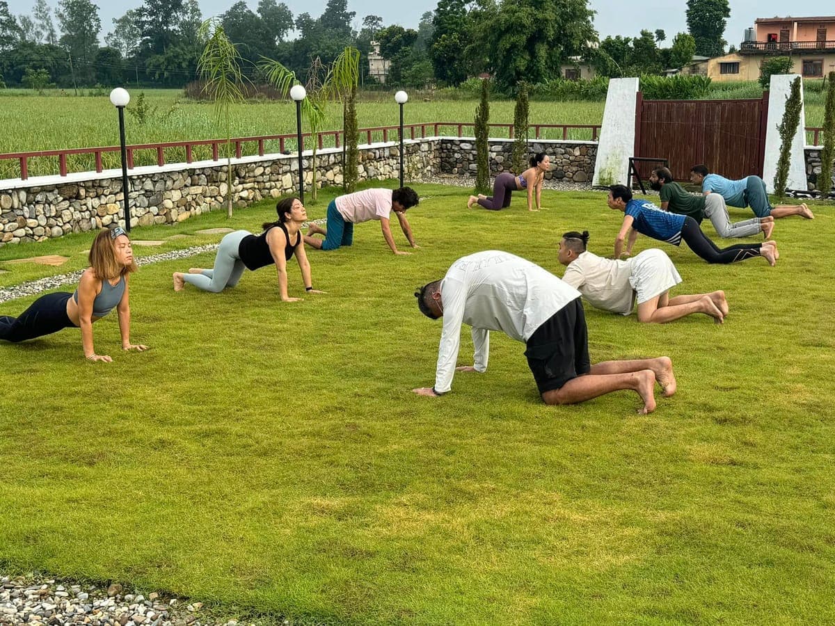 An outdoor group yoga and meditation session on a grass field